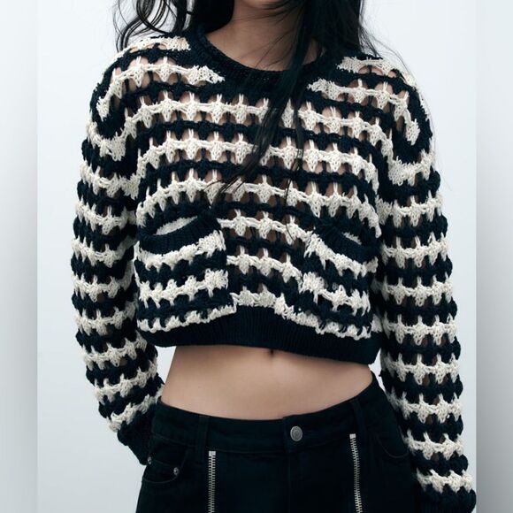 Zara Open Knit Crop Sweater Striped Sweater - Picture 6 of 6